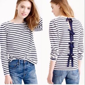 J. Crew White and Dark Navy Striped Long Sleeve Top with Bow Accents